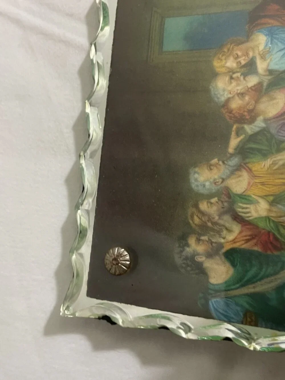 Vintage Last Supper Reverse Painted Glass Wall Plaque Scalloped Beveled Glass 10